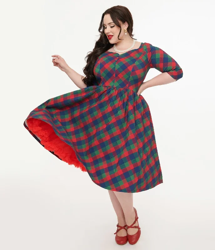 Off - the - Shoulder Women Dress for a Romantic and Feminine LookUnique Vintage Plus Size 1950s Green & Red Plaid Sweetheart Swing Dress