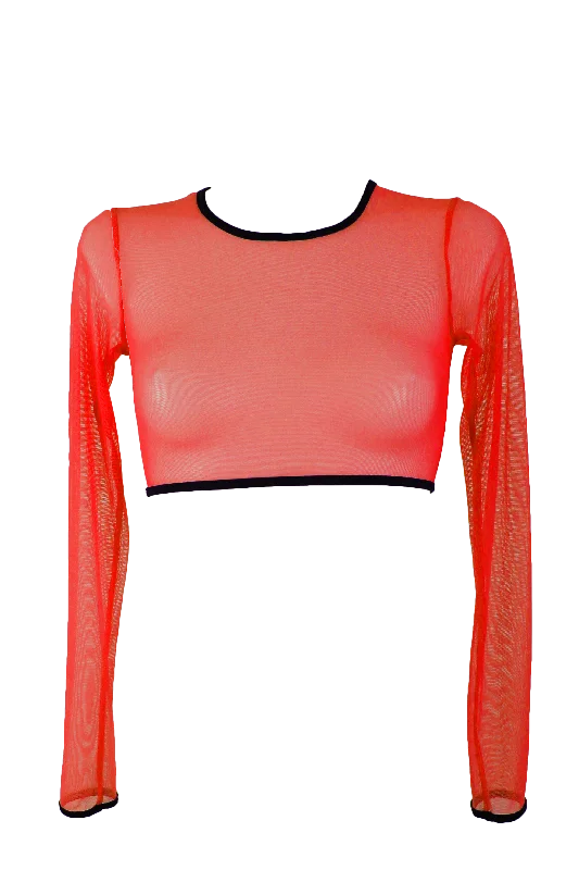 Distressed Women T Shirt with a Laid - Back AestheticLong Sleeve Mesh Crop T-Shirt / RED