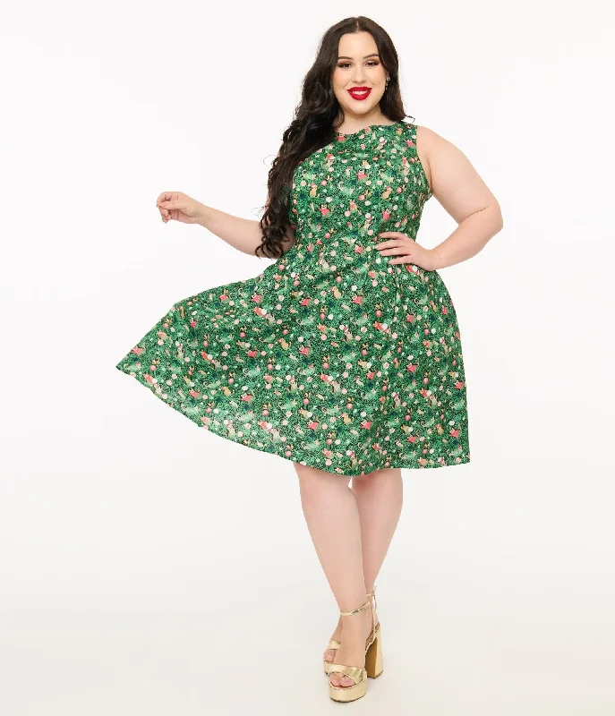 Pleated Women Dress with a Timeless and Elegant TextureRetrolicious Plus Size 1950s Green Holiday Cat Print Cotton Swing Dress