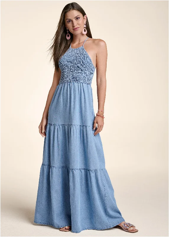 Off - the - Shoulder Women Dress for a Romantic and Feminine LookSmocked Chambray Maxi Dress - Light Wash