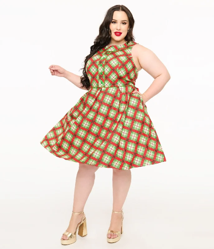 Strapless Women Dress with a Built - in Bra for Comfort and SupportRetrolicious Plus Size 1950s Red Tartan Holiday Elizabeth Swing Dress