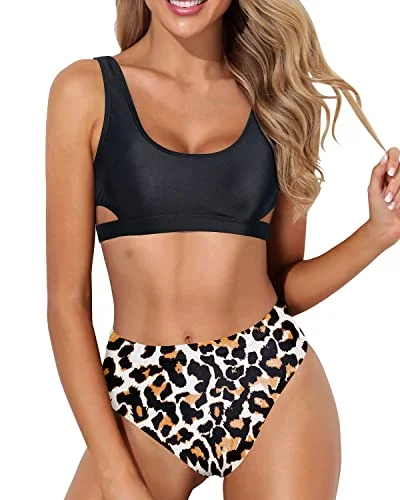 Ruched bikini with fabric gathers for a slimming effectHigh Leg Bikini Set For Women 2 Piece High Waisted Sport Swimsuit-Black And Leopard