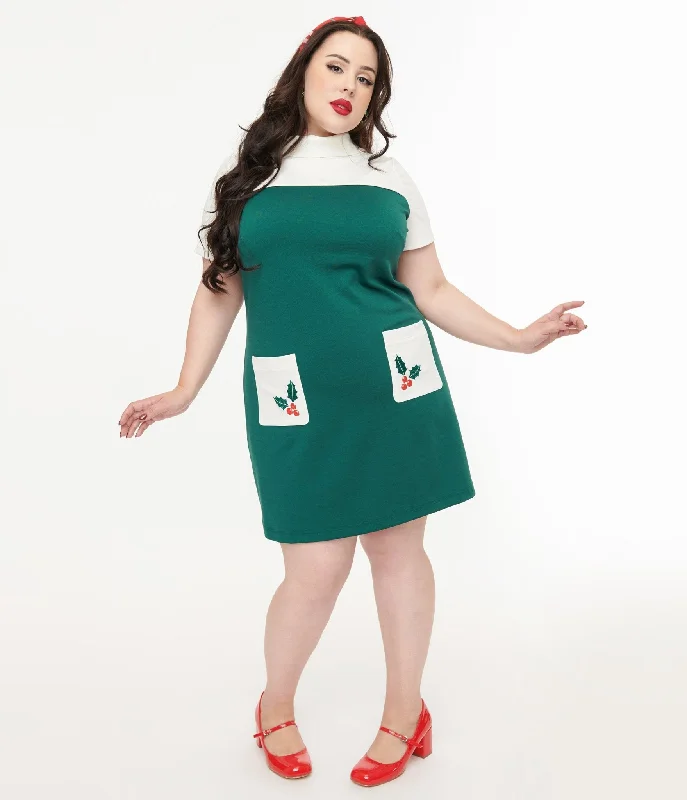 Empire Waist Women Dress to Accentuate the Bust and Conceal the WaistSmak Parlour Plus Size 1960s Green & White Mistletoe Pocket Shift Dress