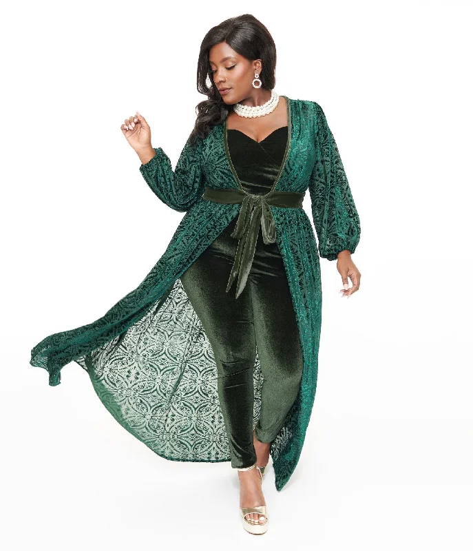 Maxi Women Dress with Floral Print for a Bohemian VibeUnique Vintage Plus Size Green Velvet Burnout Hollywood Duster