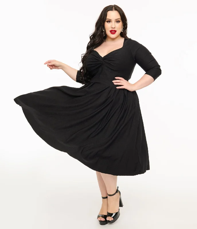 Wrap - Style Women Dress with Adjustable Fit for All Body TypesUnique Vintage Plus Size 1950s Black Bengaline Front Twist Swing Dress