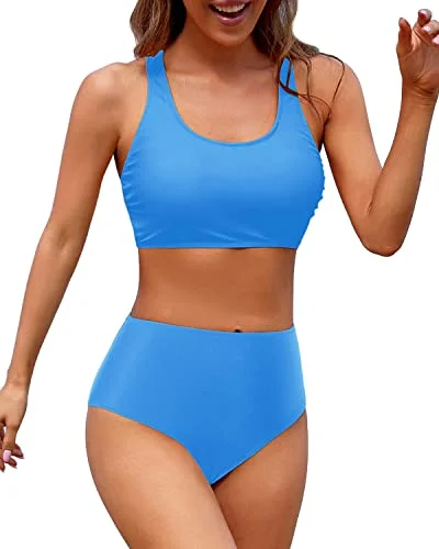 Convertible bikini that can be worn in multiple styles for versatilityWomen High Waisted Two Piece Bikini Sports Crop Top Scoop Neck Swimsuit for Teen Girls