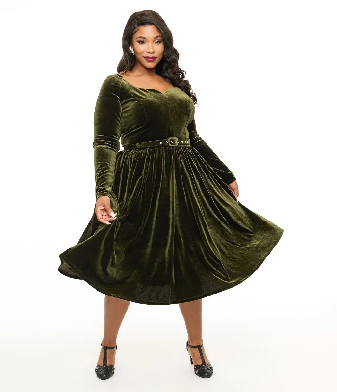 Backless Women Dress for a Sexy and Alluring Look at Evening EventsUnique Vintage Plus Size 1950s Dark Olive Velvet Sweetheart Swing Dress