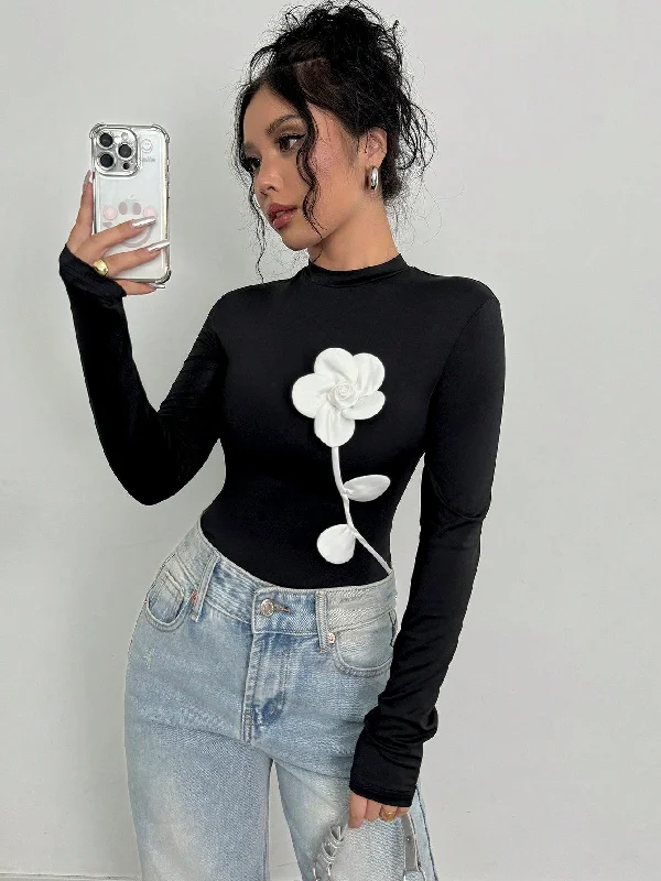 Sheer Women T Shirt for a Stylish and Alluring LookPrivé Women's Elegant Vintage Style Floral 3D Print Long Sleeve Slim Fit T-Shirt