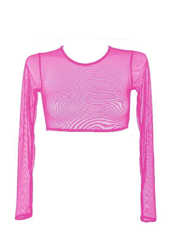 Graphic Print Women T Shirt for a Trendy StatementCrop T-Shirt Long Sleeve Stretch Mesh / NEON PINK