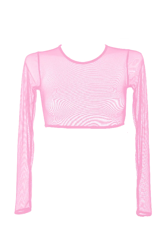 Sheer Women T Shirt for a Stylish and Alluring LookCrop T-Shirt Long Sleeve Stretch Mesh / BABY PINK