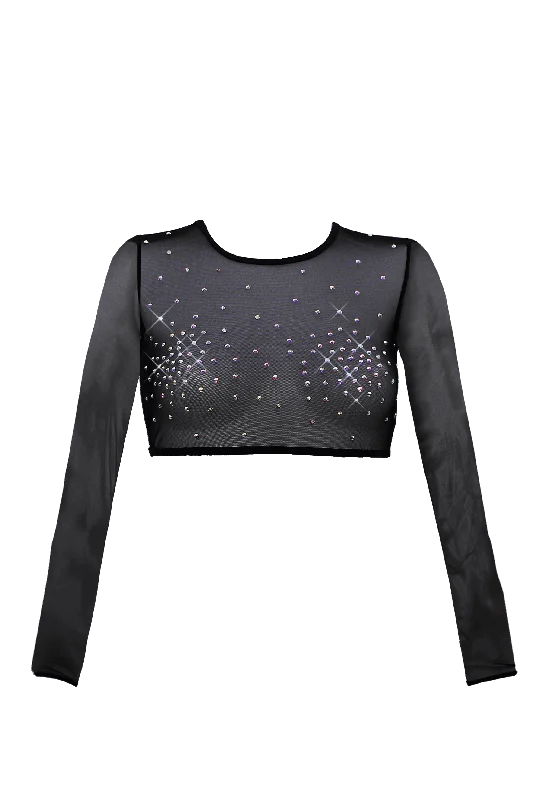 Crop Top Women T Shirt to Pair with High - Waisted BottomsCrop T-Shirt Long Sleeve Stretch Mesh with Crystals  / BLACK