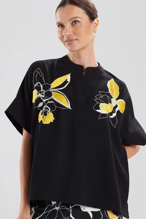 Crew Neck Women T Shirt with a Timeless DesignSolid Crepe Embroidered T-Shirt Top