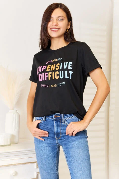 Embroidered Women T Shirt with Intricate DetailsSimply Love Slogan Graphic Cuffed Sleeve T-Shirt, Also in Plus sizes