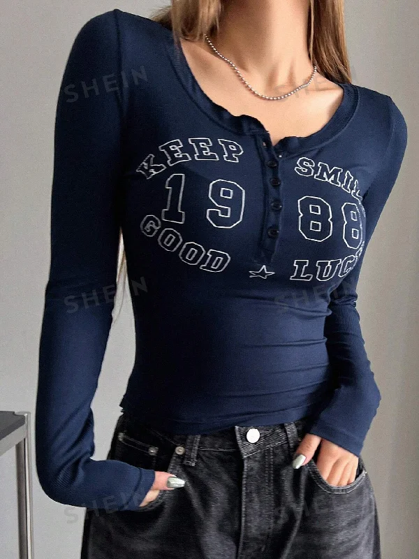 Muscle Women T Shirt for a Sporty and Casual LookLetter Printed Semi-Buttoned Round Neck Tight Long-Sleeved Women's T-Shirt