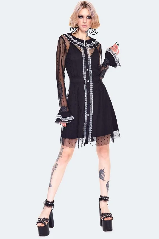 Mini Women Dress with a Short Hem for a Young and Trendy StyleFrilled Collar Mesh Witch Dress