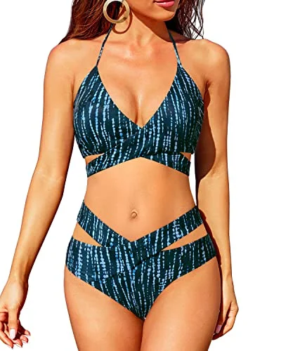 Long - line bikini top for added support and a fashionable lookCriss Cross Halter Wrap Two Piece Bathing Suit Sets for Women Bikini