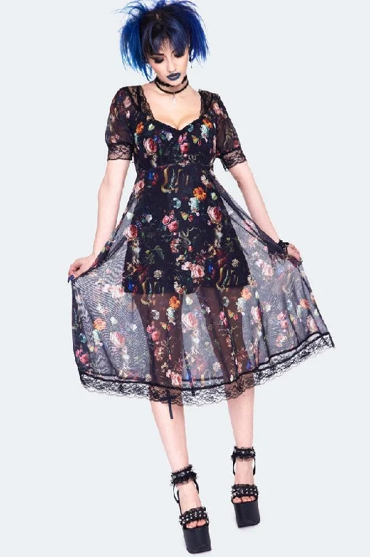 Printed Abstract Women Dress for a Modern and Artistic AppealNight Garden Print Midi Dress With Lace