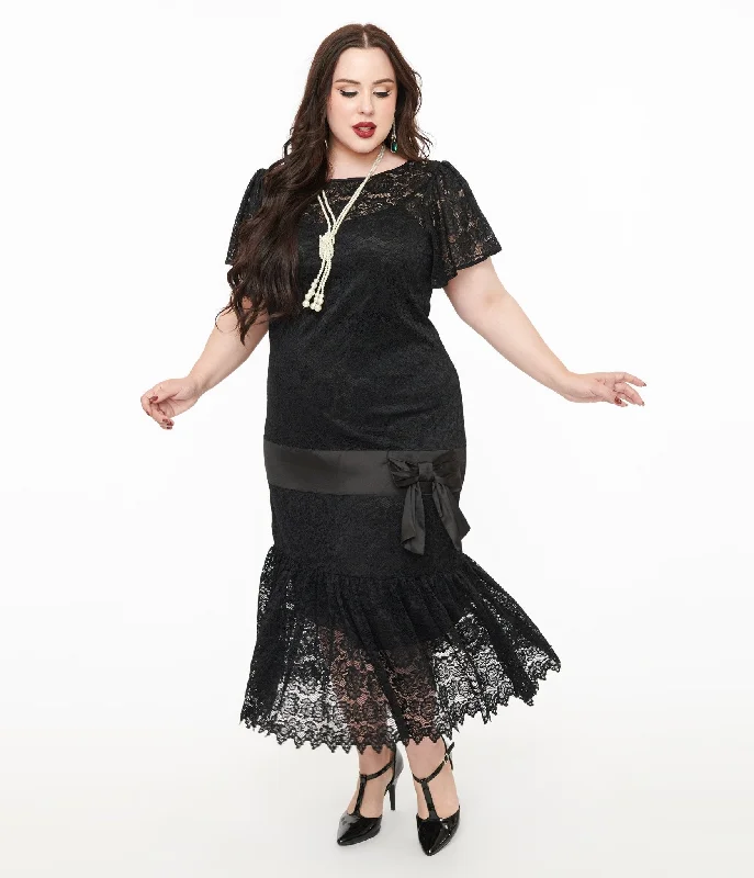 Ruffled Women Dress with Multiple Layers for a Playful and Girly StyleUnique Vintage Plus Size 1920s Black Floral Lace & Bow Flapper Dress