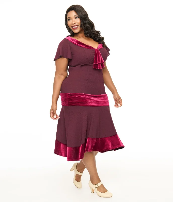 Long - Sleeve Women Dress in Velvet for a Luxurious Winter LookUnique Vintage Plus Size 1920s Burgundy Wilshire Flapper Day Dress