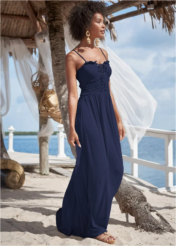 Ball Gown Women Dress with a Full Skirt for a Princess - like LookSmocked Lace-Up Dress - Navy