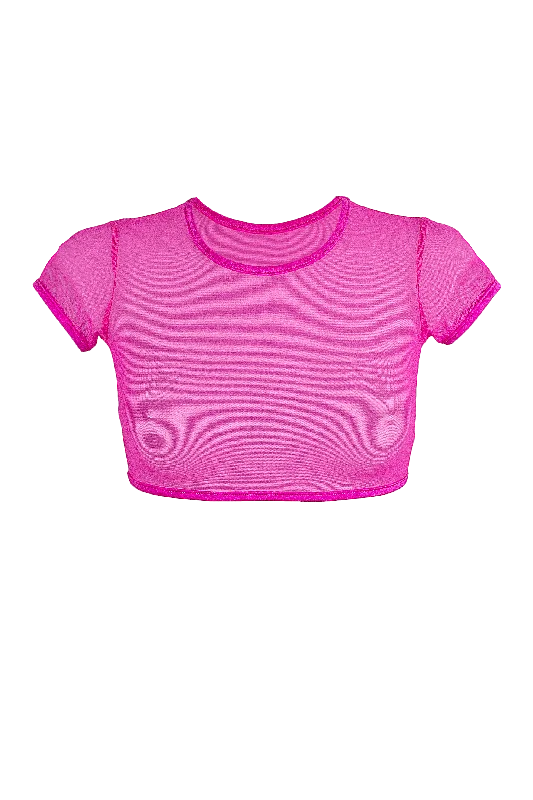 Striped Women T Shirt in a Classic PatternCrop T-Shirt Short Sleeve Stretch Mesh / NEON PINK