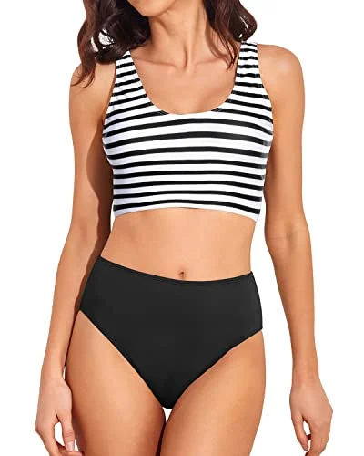 Push - up bikini top to enhance the bust for a confident beach appearanceHigh Cut Swimsuit Sporty Crop Bikini Top Full Coverage Swim Bottoms for Women