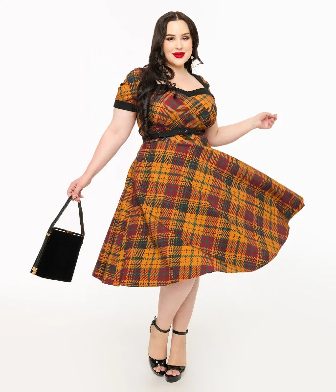 Off - the - Shoulder Women Dress for a Romantic and Feminine LookUnique Vintage Plus Size 1950s Mustard Yellow & Burgundy Plaid Swing Dress