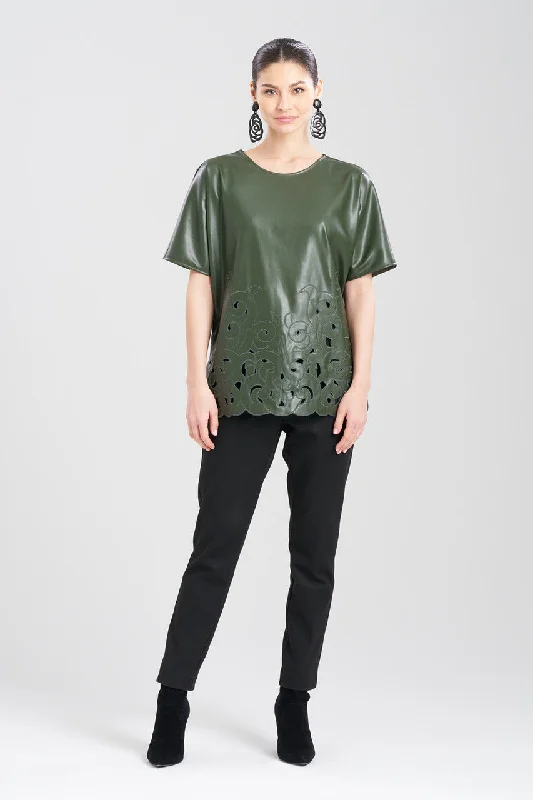 Crew Neck Women T Shirt with a Timeless DesignVegan Luxe Lambskin Embroidered T-Shirt Tunic