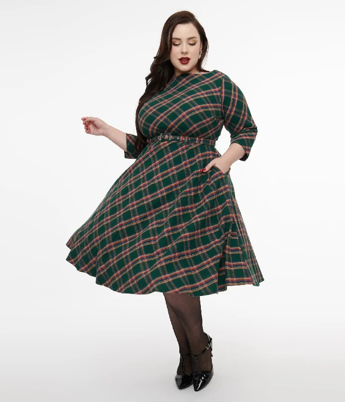 Shift Women Dress with a Simple and Classic Design for Everyday WearUnique Vintage Plus Size 1950s Green & Tan Plaid Devon Swing Dress