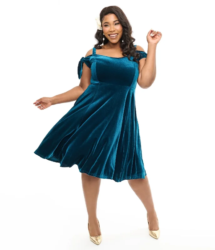 Plus Size Women Dress with a Flattering A - Line Cut for Comfort and StyleHell Bunny Plus Size Teal Velvet Off The Shoulder Midi Dress