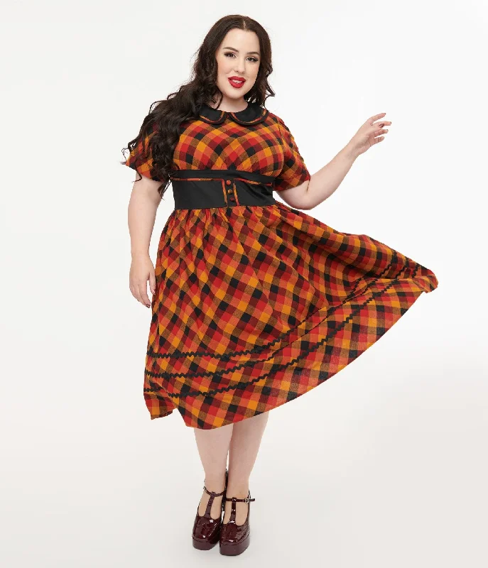 Off - the - Shoulder Women Dress for a Romantic and Feminine LookUnique Vintage Plus Size 1950s Orange & Red Plaid Peter Pan Collar Swing Dress