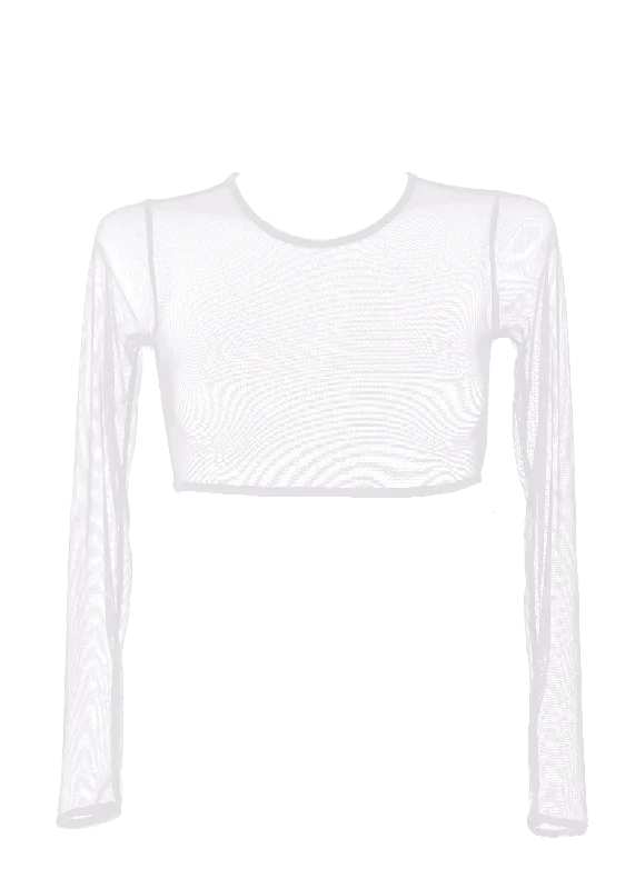 Embroidered Women T Shirt with Intricate DetailsCrop T-Shirt Long Sleeve Stretch Mesh / WHITE