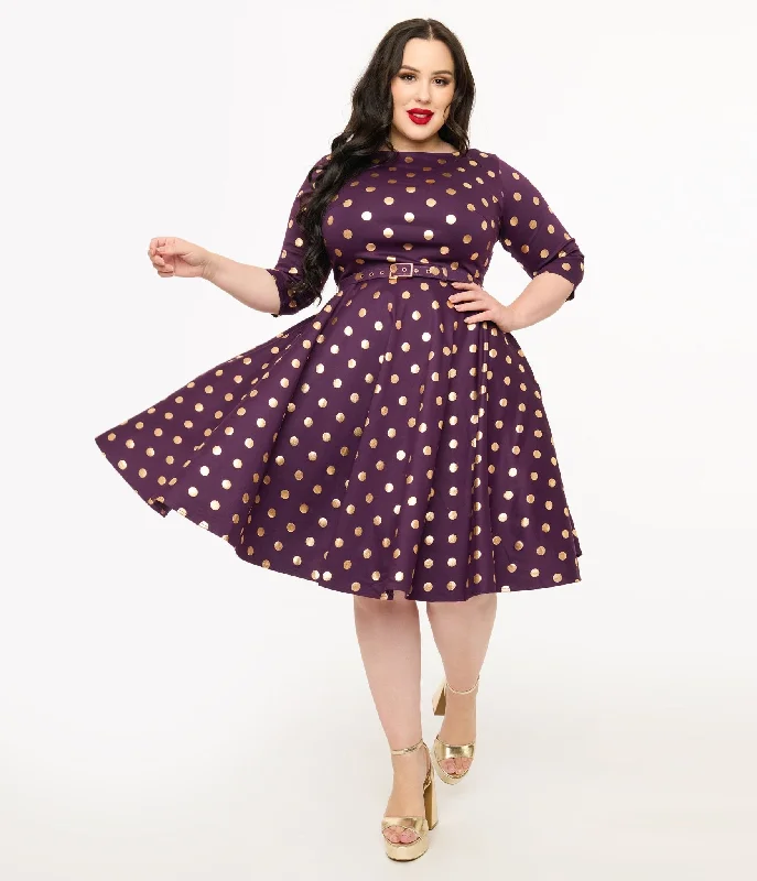 Long - Sleeve Women Dress in Velvet for a Luxurious Winter LookUnique Vintage Plus Size 1950s Eggplant Rose Foil Polka Dot Devon Swing Dress