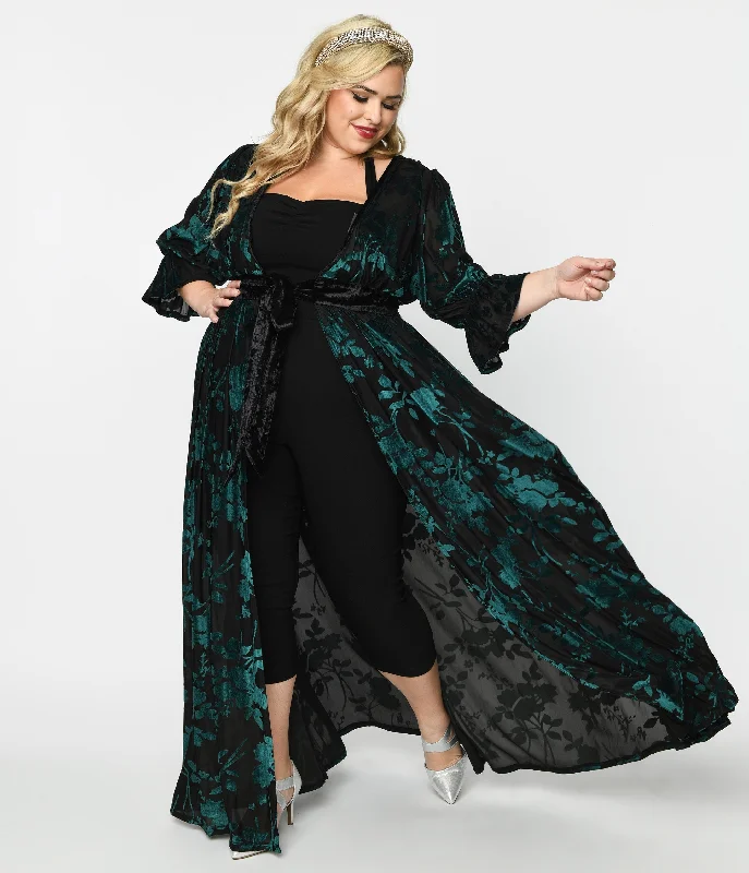 Mermaid - Style Women Dress with a Fitted Silhouette for Special OccasionsUnique Vintage Plus Size Black & Teal Floral Velvet Burnout Duster