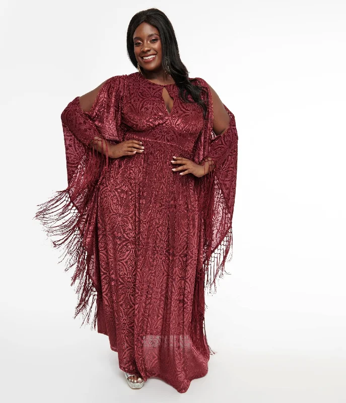 Lace - Embellished Women Dress for an Elegant and Sophisticated AppearanceUnique Vintage Plus Size 1960s Burgundy Velvet Burnout Caftan