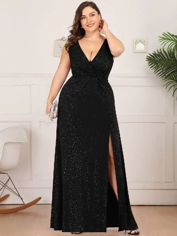 Mermaid - Style Women Dress with a Fitted Silhouette for Special OccasionsPlus Size Shiny V Neck Side Split Evening Dress