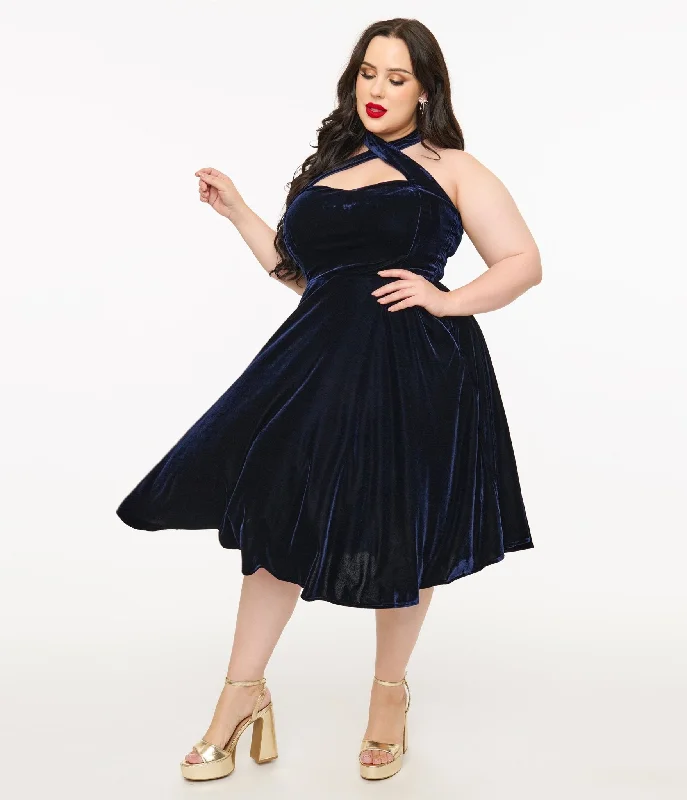 Little Black Women Dress with Sequins for a Glamorous Night OutUnique Vintage Plus Size 1950s Navy Velvet Criss Cross Halter Rita Flare Dress