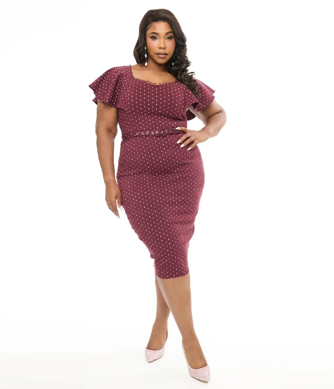 Off - the - Shoulder Women Dress for a Romantic and Feminine LookUnique Vintage Plus Size 1940s Eggplant & Pink Dot Flutter Sleeve Pencil Dress