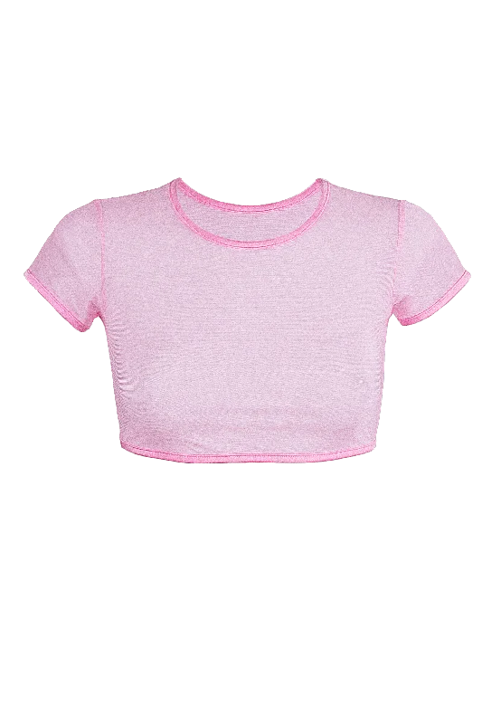 Crew Neck Women T Shirt with a Timeless DesignCrop T-Shirt Short Sleeve Stretch Mesh / BABY PINK