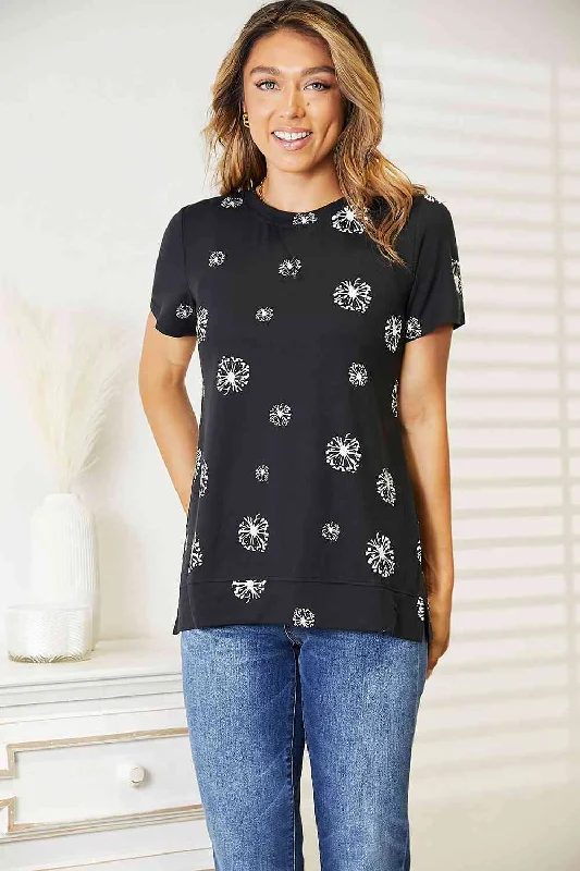 Ringer T Shirt Women with Retro - Inspired StripesDouble Take Dandelion Print Round Neck T-Shirt, Also in Plus sizes