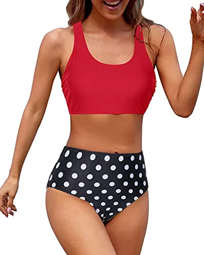 High - waisted bikini for a retro and tummy - flattering lookHigh Cut Legs Women High Waisted Two Piece Bikini-Red Dot