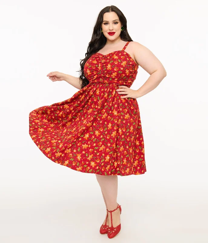 Sleeveless Women Dress in Bright Colors for Summer PartiesMiss Lulo Plus Size 1950s Red Gingerbread Man Print Eden Fit & Flare Dress