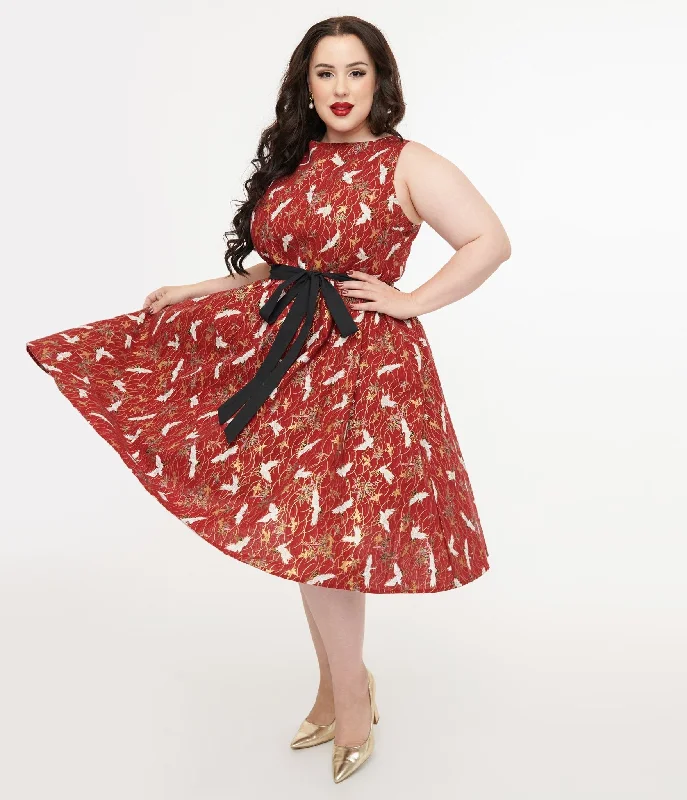 Shift Women Dress with a Simple and Classic Design for Everyday WearUnique Vintage Plus Size 1950s Burgundy Fall Crane Sleeveless Swing Dress