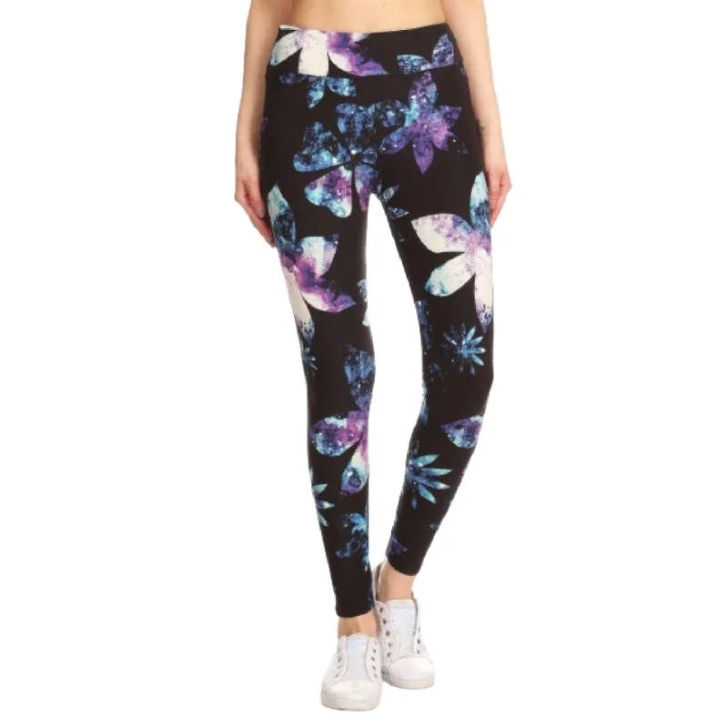 Yoga Style Banded Lined Galaxy Silhouette Floral Print, Full Length Leggings In A Slim Fitting Style With A Banded High Waist