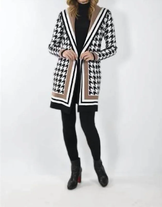 Striped Women Sweater with a Timeless Pattern233881U - Hooded Houndstooth Coatigan In Black/tan