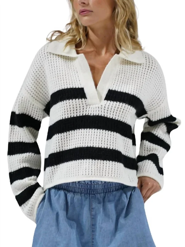 Hand - Knitted Women Sweater with Artisanal CharmAri Stripe Sweater In Ivory Black Stripe