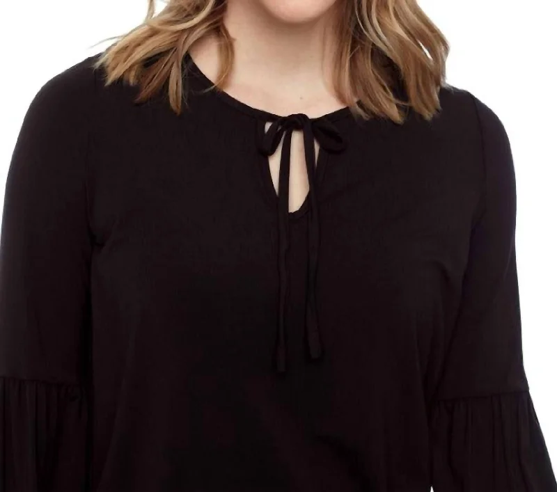 Striped Women Sweater with a Timeless PatternBamboo Knit Long Sleeve Tie Neck Top In Black