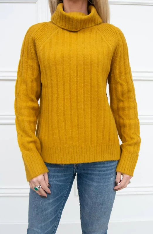 Long - Sleeve Women Sweater with Ribbed CuffsCable Knit Sweater In Dijon