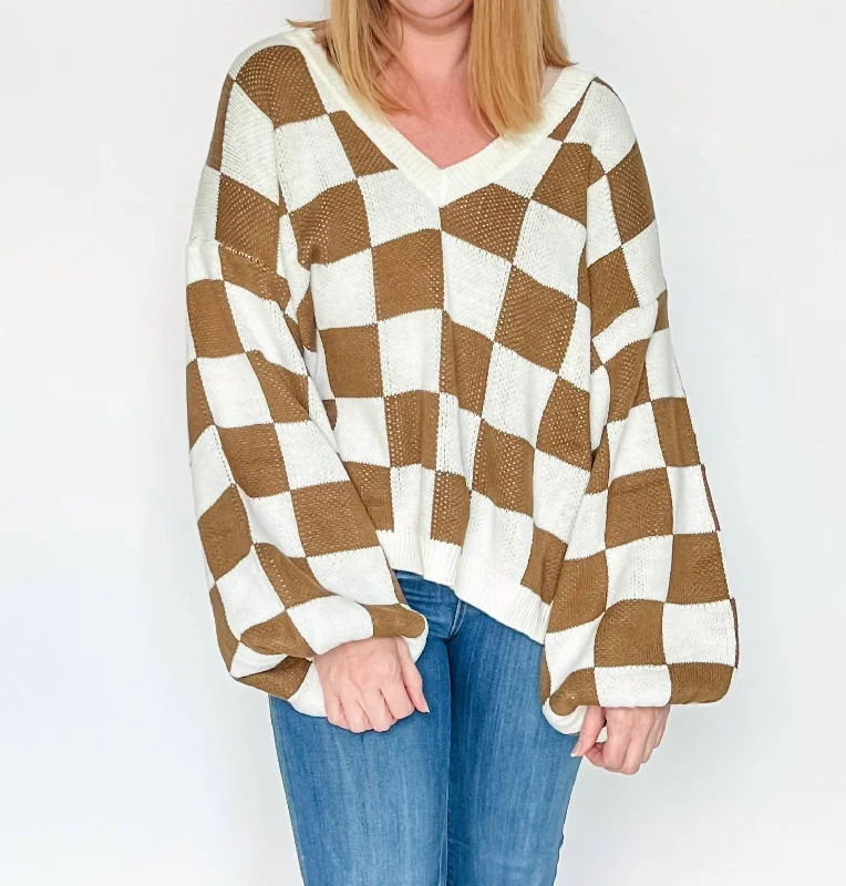 V - Neck Women Sweater to Elongate the NecklineChecker Print Balloon Sleeve Sweater In Mocha