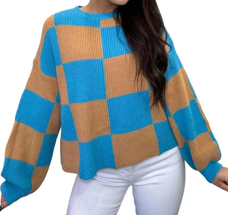 Cashmere Women Sweater with a Luxurious Soft TouchCheckered Charm Knit Sweater In Teal/taupe